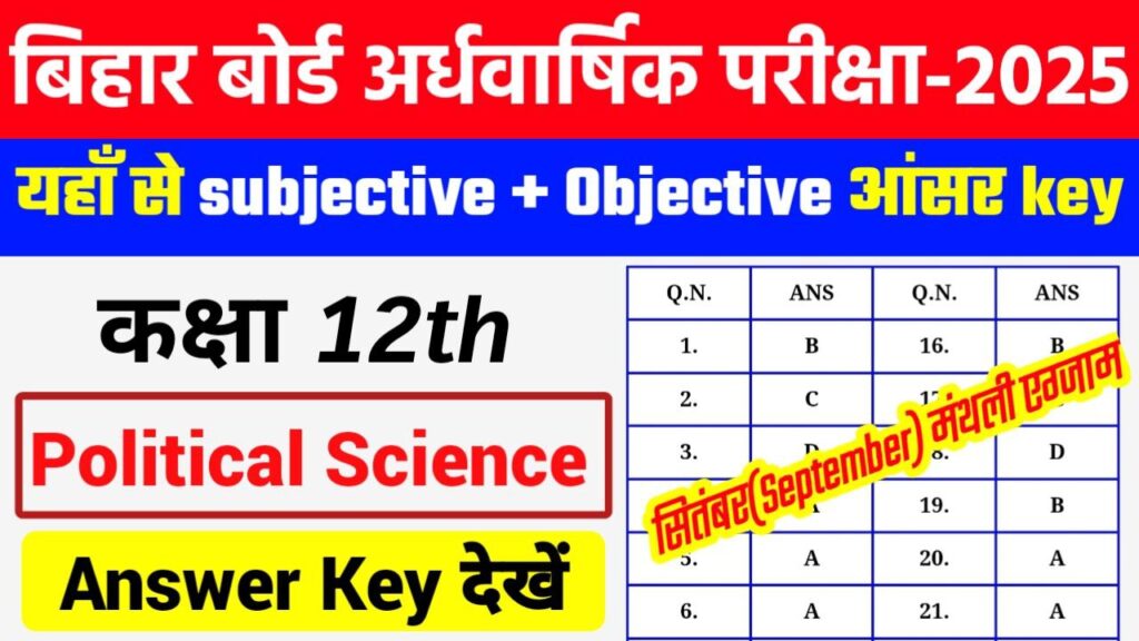 Bihar Board 12th Political science Half yearly Exam Answer key 2025